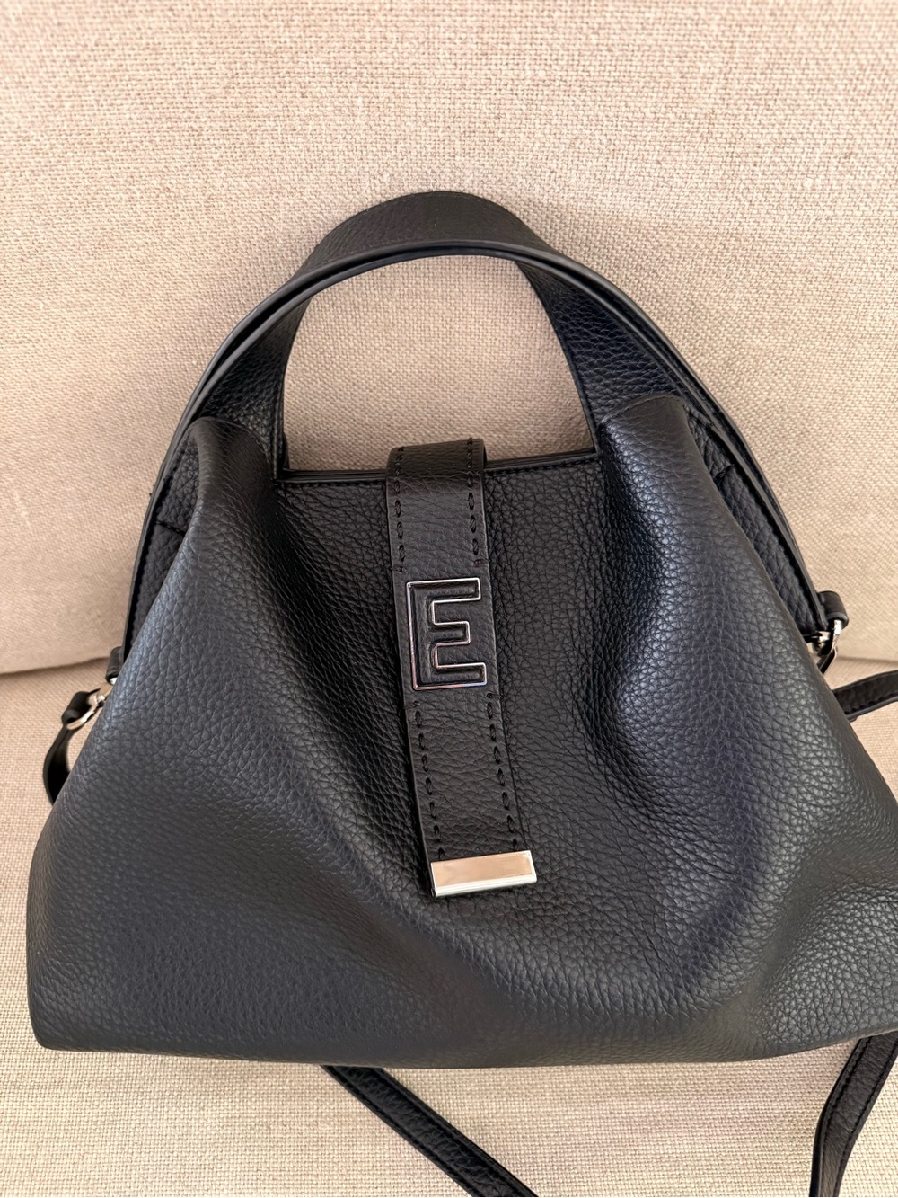 Black Pebbled Leather Hobo Bag with 'E' Accent